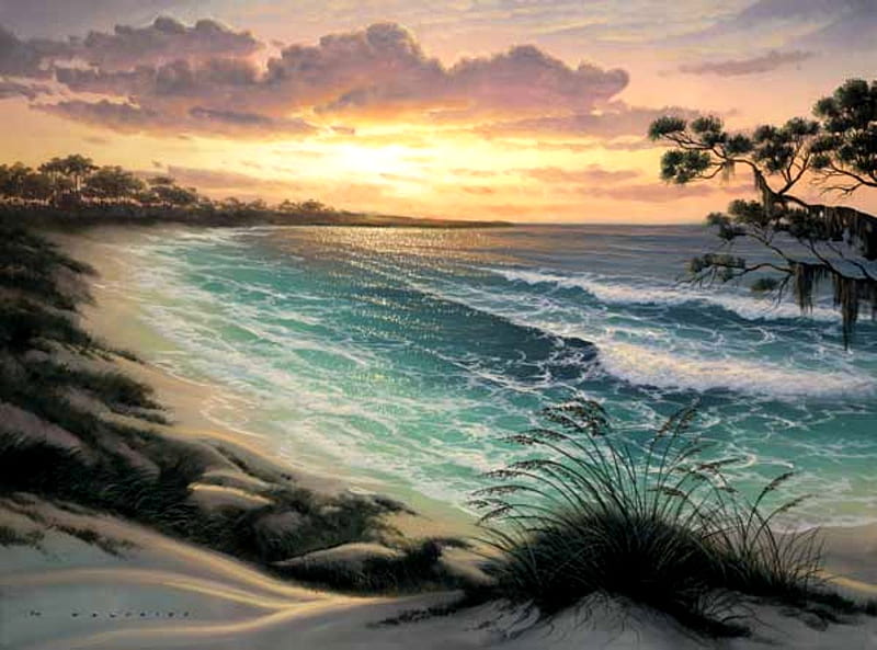 EMERALD BAY, ocean, sunset, emerald, trees, sky, clouds, beach, sand, bay, HD wallpaper