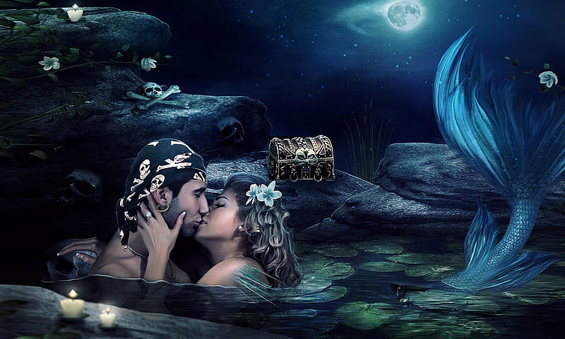 Secret Lovers Cove, pirate, dreamy, cove, ocean, Mermaid, kissing, water, moon, love, magical, moonlight, Rocks, HD wallpaper