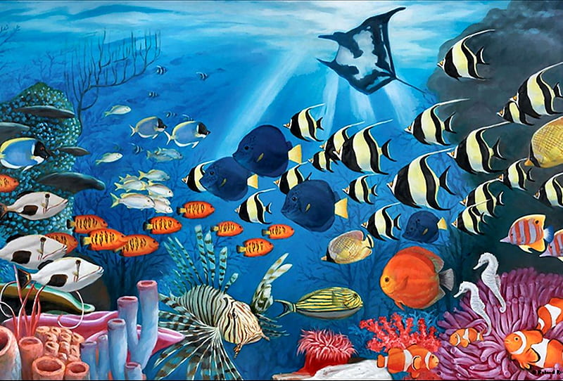Underwater Symphony F, art, manta ray, fish, bonito, seahorses, illustration, artwork, painting, wide screen, HD wallpaper
