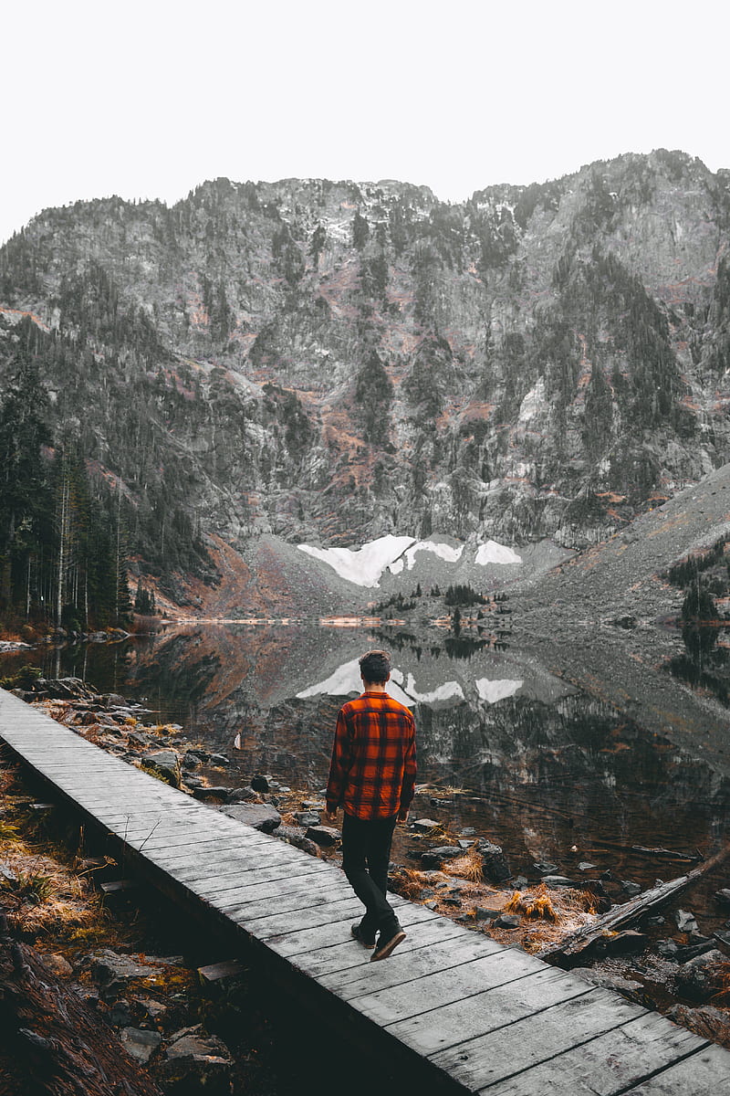 man, bridge, lake, mountains, nature, HD phone wallpaper