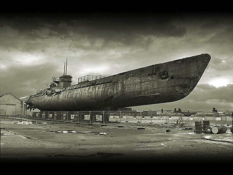 End of Life, submarine, life, retired, ruins, black, clouds, dock, dry, dark, end, ruin, drydock, white, HD wallpaper