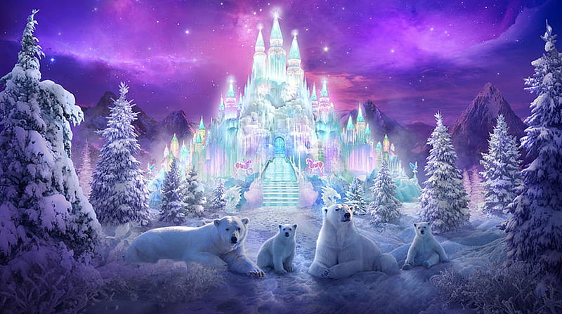 Ice Castle, fantasy, nature, bears, animals, winter, HD wallpaper