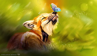 fox, butterfly, cute, animal, art, HD wallpaper