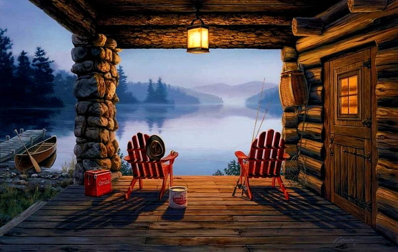 Dawn Mist, lantern, red chairs, cabin, canoe, oar, dock, chairs