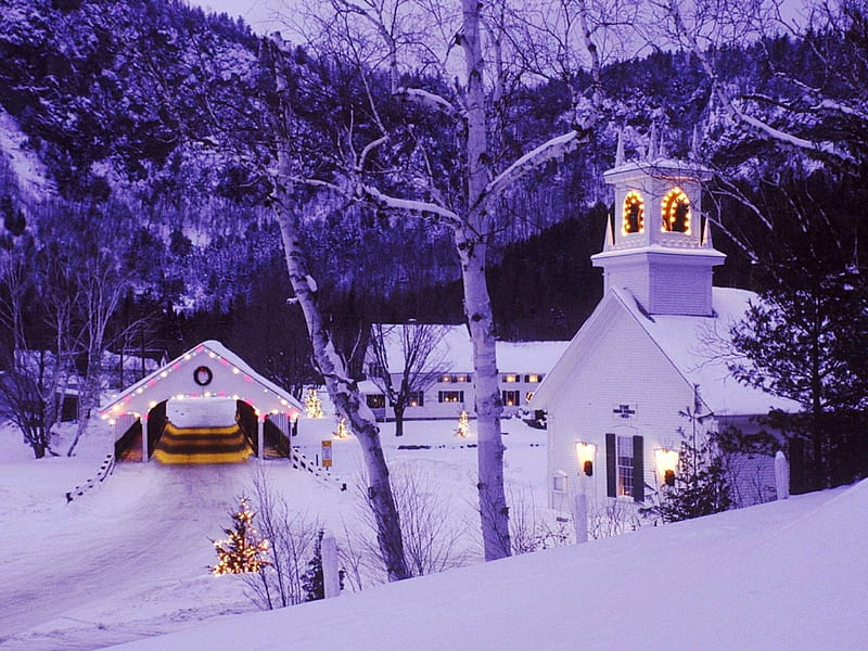 Village Winter, snow, covered bridge, church, trees, landscape, HD wallpaper