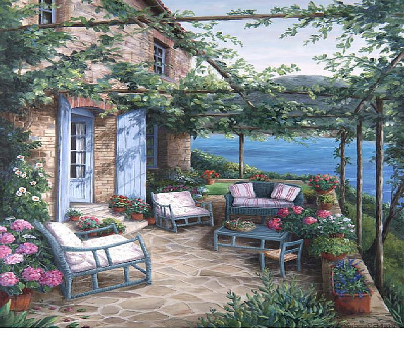 Provence, table, house, wicker sofa, door, windows, water, flower pots, wicker chairs, vines, trellis, tile, HD wallpaper