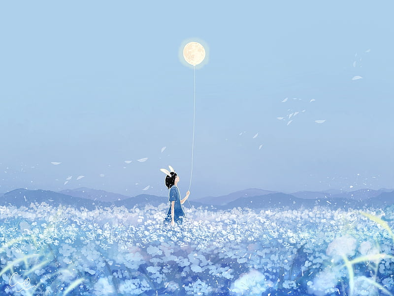 anime girl, balloon, moon, surrealism, scenic, bunny ears, flower field, Anime, HD wallpaper