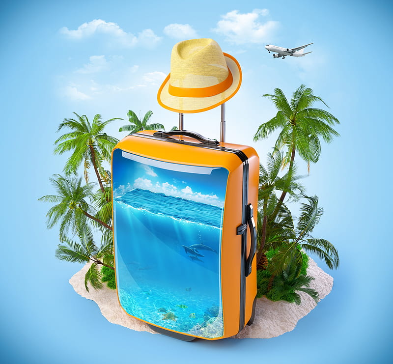 Holiday travel, Dolphins, Fizh, Blue, Suitcase, Sea, HD wallpaper