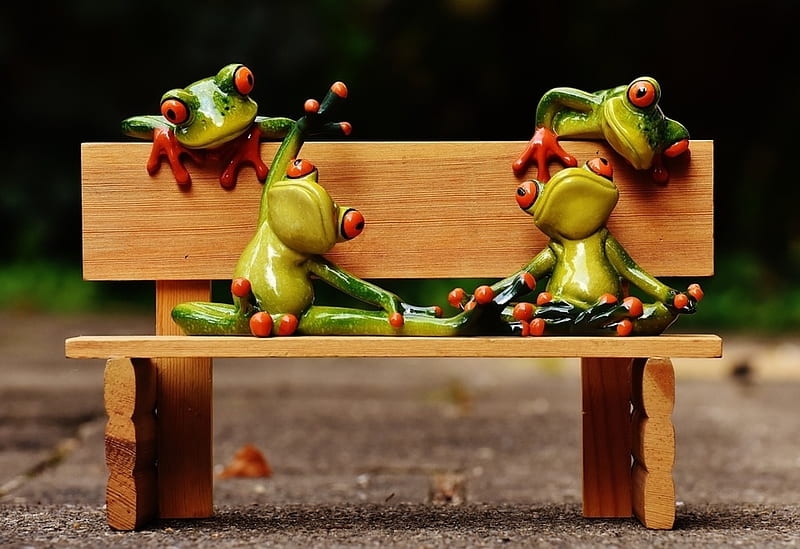 :D, funny, broasca, figurine, frog, green, bench, HD wallpaper