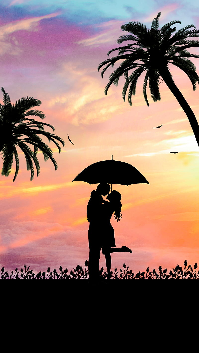 LOVERS, SILHOUETTE, bird, cloud, dark, light, love, sunset, umbrella, HD phone wallpaper