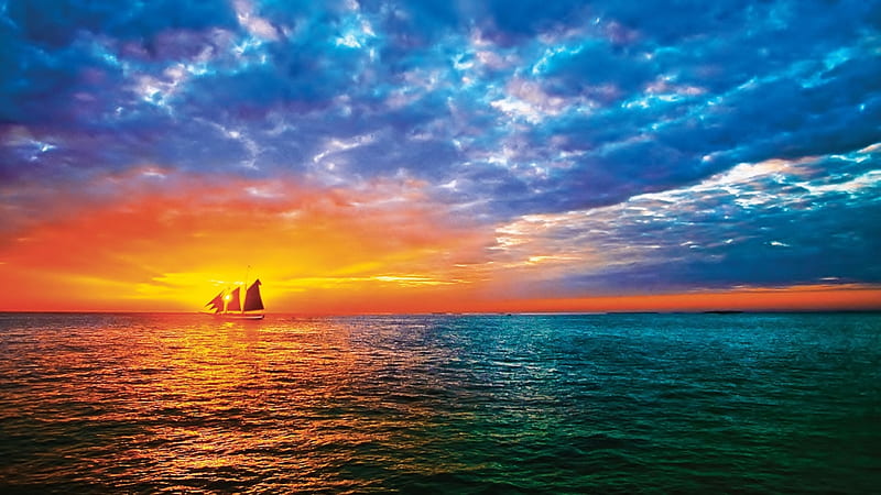 Sail the seven seas, seas, orange, ocean, clouds, weather, sea, sunsets, nature, sailboat, blue, HD wallpaper