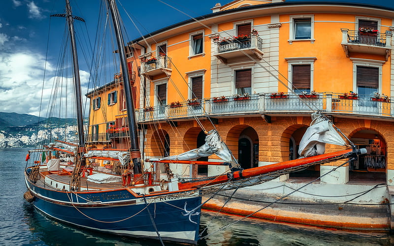 Malcesine, Lake Garda, wooden sailboat, mountain landscape, Italy, HD wallpaper