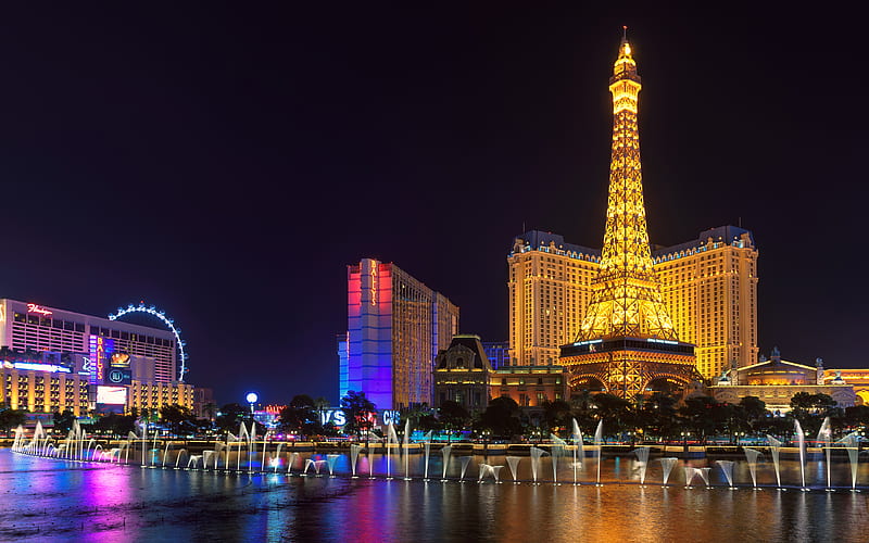 Las Vegas Bellagio, Nevada, casino, fountain, Eiffel Tower, USA, Las Vegas Strip, HD wallpaper