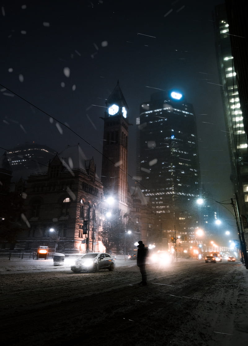 silhouette, night city, snowfall, street, city lights, HD phone wallpaper