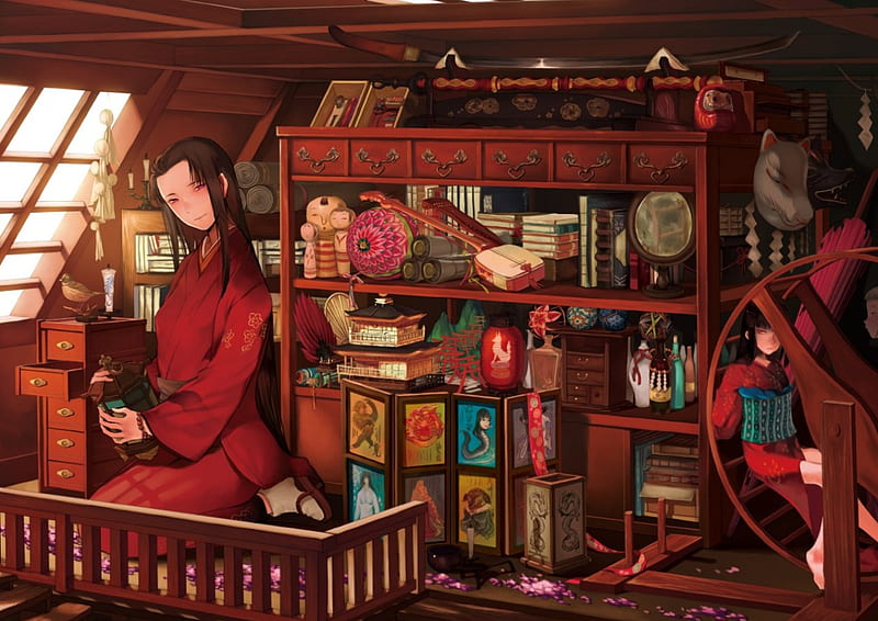 Japanese Shop, red, shop, lantern, japanese, kimono, japan, girl, orginal, toys, HD wallpaper