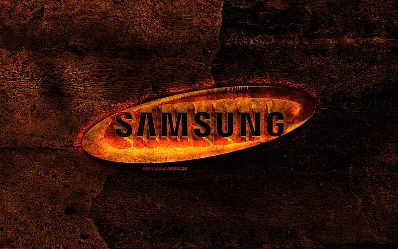 Samsung fiery logo, orange stone background, Samsung, creative, Samsung logo, brands, HD wallpaper