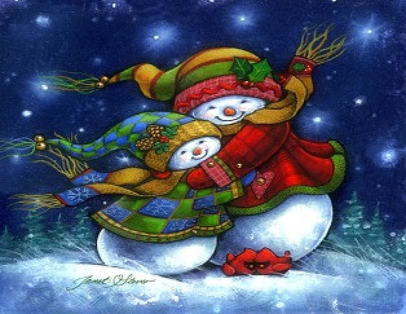 ★Embrace in the Winter★, scarves, embraced, adorable, most ed, seasons, xmas and new year, greetings, red cardinals, wool hats, paintings, gloves, decorations, love, drawings, traditional art, snowmen, lovely, christmas, love four seasons, festivals, cute, snow, hugs, winter holidays, weird things people wear, tender touch, celebrations, HD wallpaper