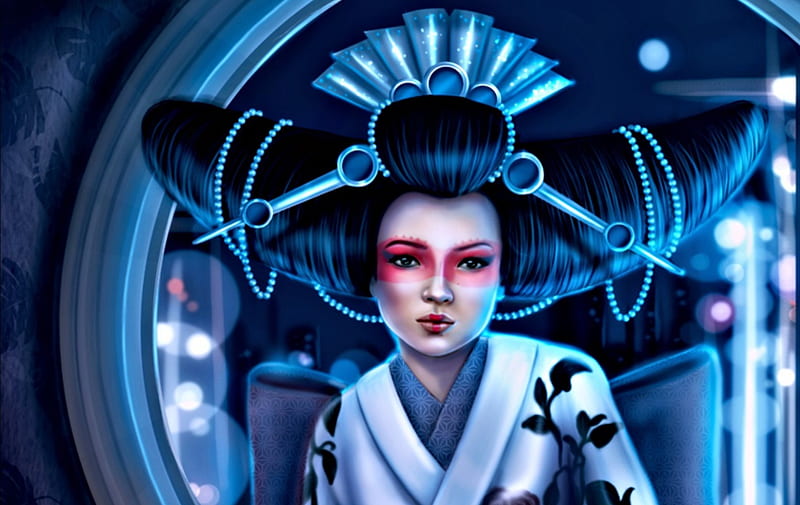 Geisha, art, fantasy, girl, crystal wall lancaster, woman, pink, blue, HD wallpaper
