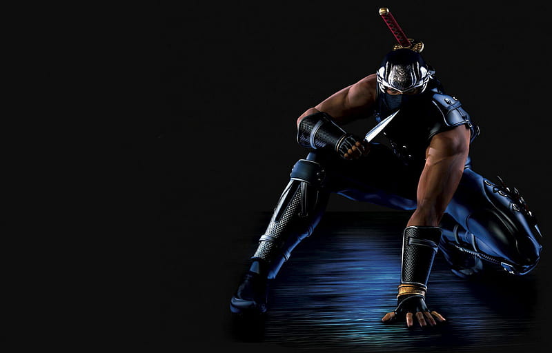 Ryu Hayabusa, shinobi, games, male, ninja gaiden, video games, ryu, weapons, black background, lone, kunai, sword, ninja, HD wallpaper