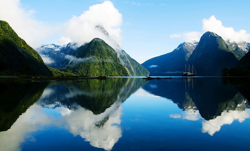 Mountain, Lake, Reflection, New Zealand, , Cloud, Milford Sound, Fjord, Mitre Peak, HD wallpaper