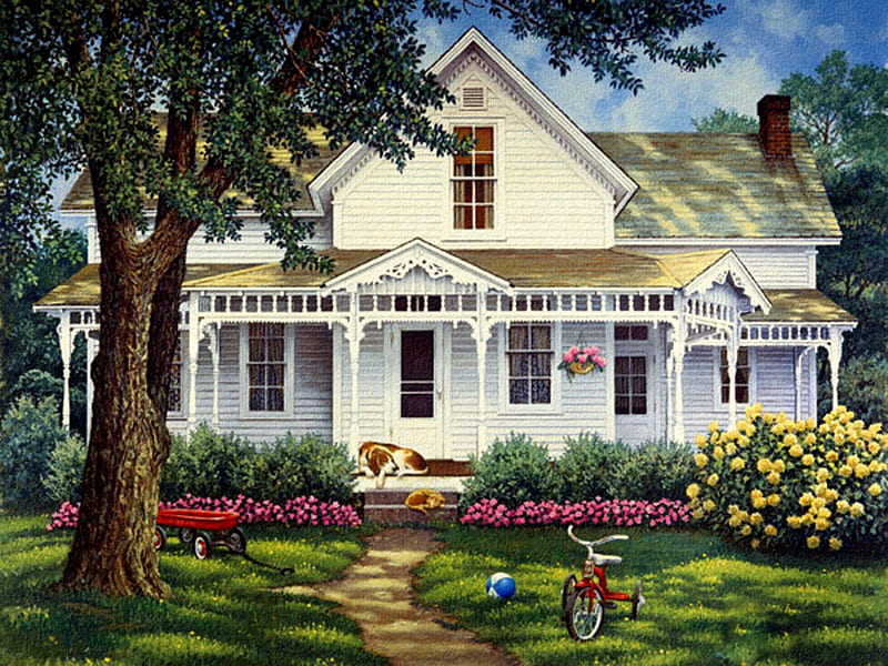 When Life Was Simple, house, trees, cat, bushes, yard, ball, tricycle, wagon, porch, flowers, hanging plant, dog, HD wallpaper