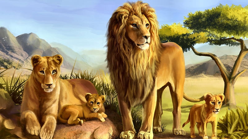 Lion Family 1, art, cat, artwork, lion, animal, feline, painting, wide screen, wildlife, HD wallpaper