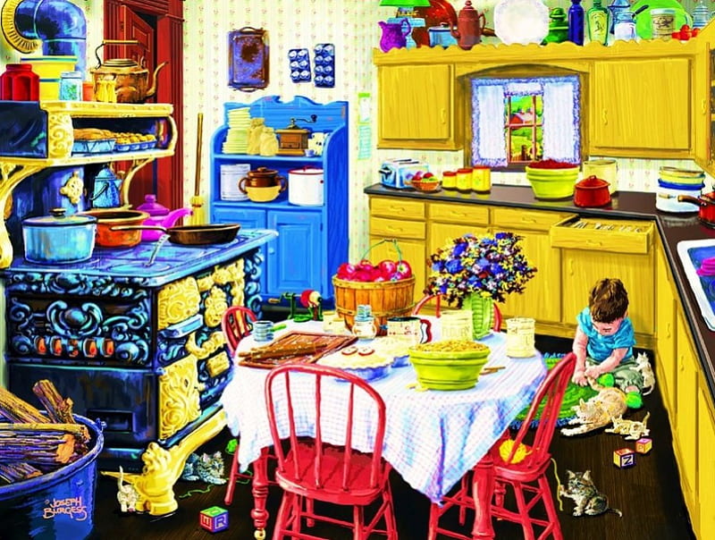 Nana's Kitchen, table, boy, painting, chairs, oven, toys, artwork, HD wallpaper