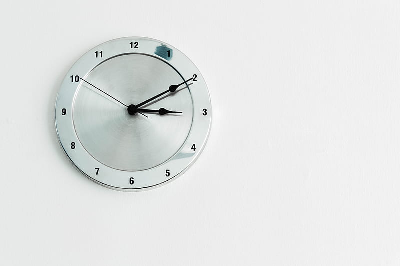 round stainless steel analog wall clock displaying 3:10 time, HD wallpaper