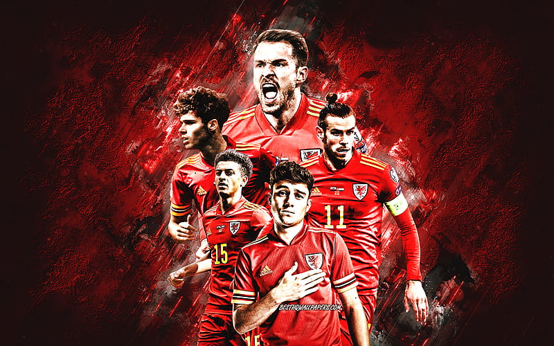 Wales national football team, red stone background, Wales, football, Aaron Ramsey, Gareth Bale, Daniel James, HD wallpaper