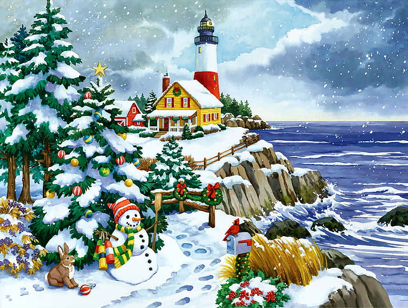 Winter Lighthouse F, architecture, art, bonito, illustration, artwork ...