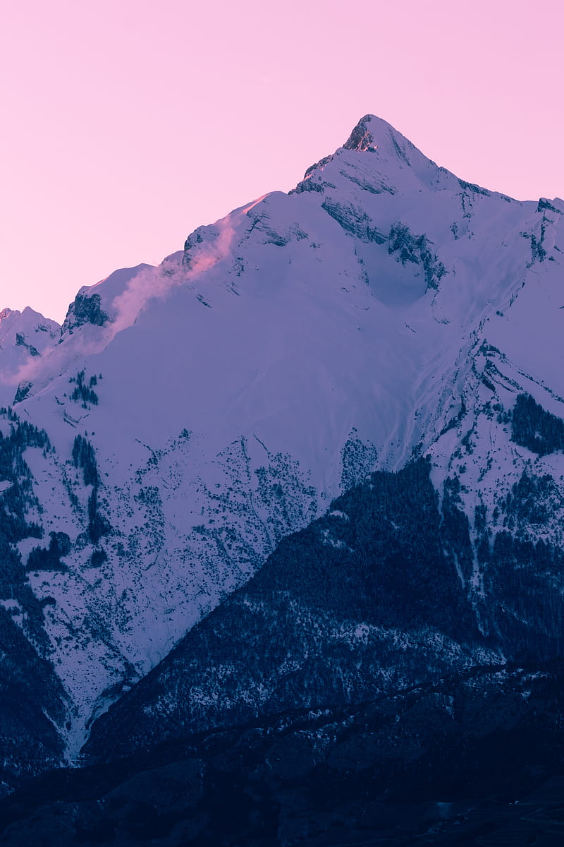 mountain, peak, snow, winter, sunset, sky, pink, HD phone wallpaper