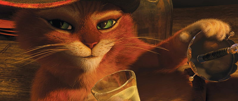 Puss in boots (2011), DreamWorks Animation, movie, orange, green eyes, cat, Puss in boots, animal, hat, cute, glass, fantasy, HD wallpaper