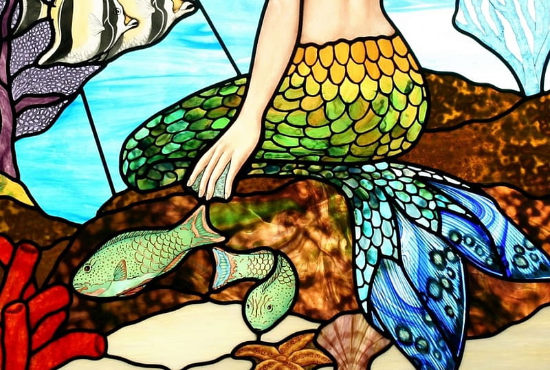 Mermaids and Sea monsters, world, fish, cg, mermaid, magic, abstract, sea, windows, glass, 3d, tiffany, HD wallpaper