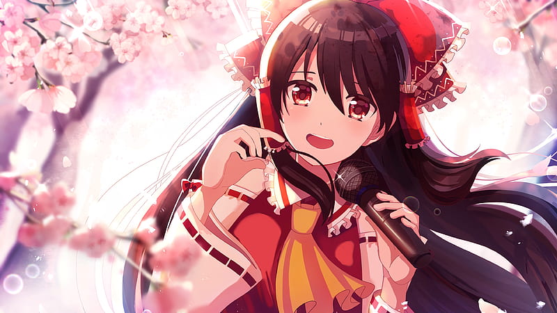 hakurei reimu, touhou, brown hair, smiling sakura blossom, Anime, HD wallpaper