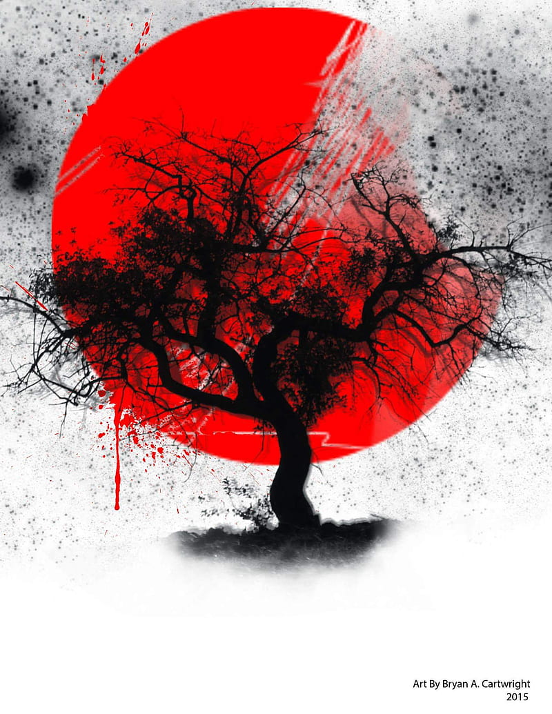 Red moon tree, dark, black, white, art, HD phone wallpaper