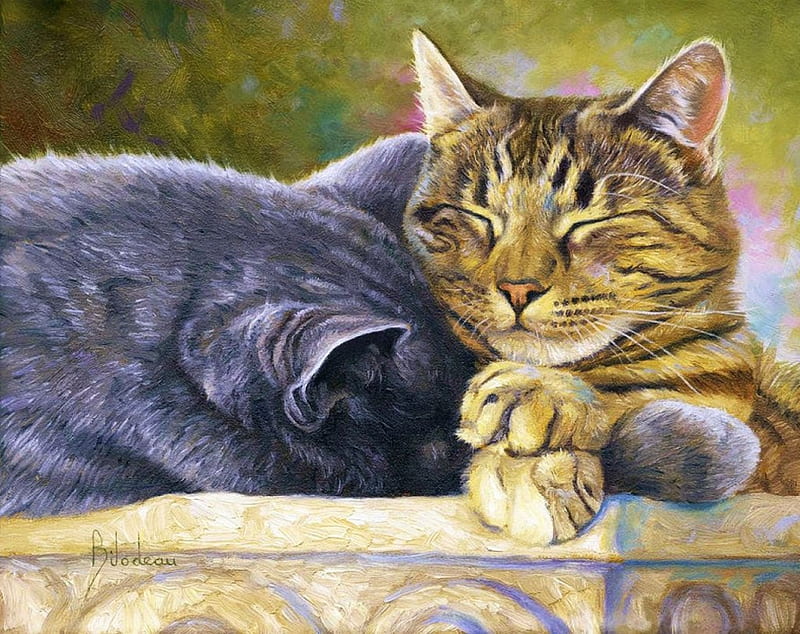 Cozy Place, resting, painting, cats, artwork, HD wallpaper
