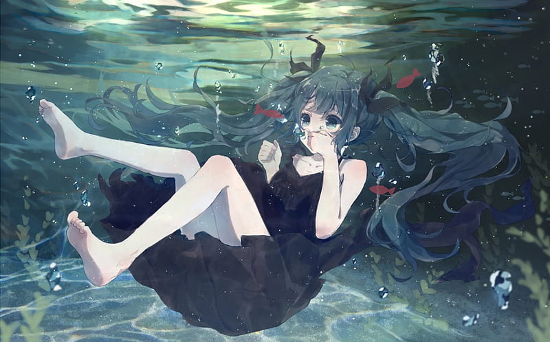 Barely Breathing, vocaloid, underwater, dress, hatsune miku, ponytails, water, blue hair, anime, bubbles, barefoot, blue eyes, HD wallpaper