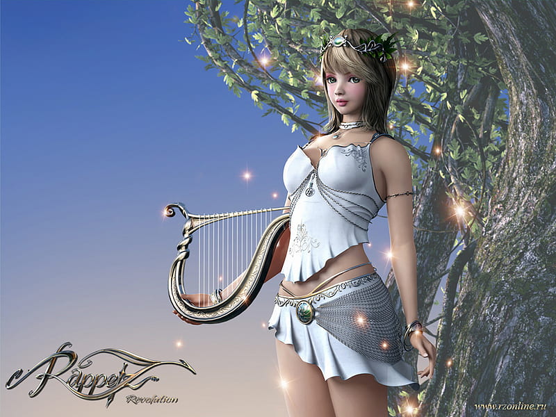 Rappelz, tree, fantasy, light beams, harp, crown, lady, HD wallpaper