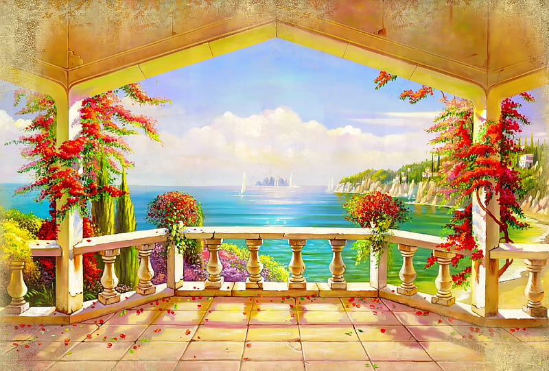 View from terace, art, view, sky, lake, terrace, sea, boat, paradise, summer, flower, horizons, HD wallpaper
