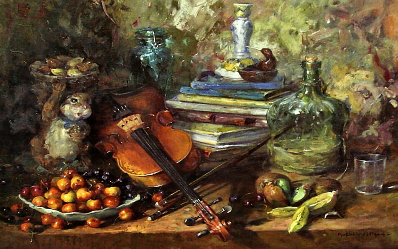 Sarah's Violin, art, still life, Old Master, Cervantes, painting, wide screen, artwork, HD wallpaper