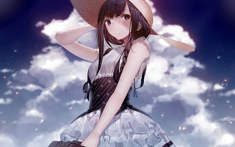 anime girl, summer, hat, dress, clouds, purple eyes, braids, Anime, HD wallpaper