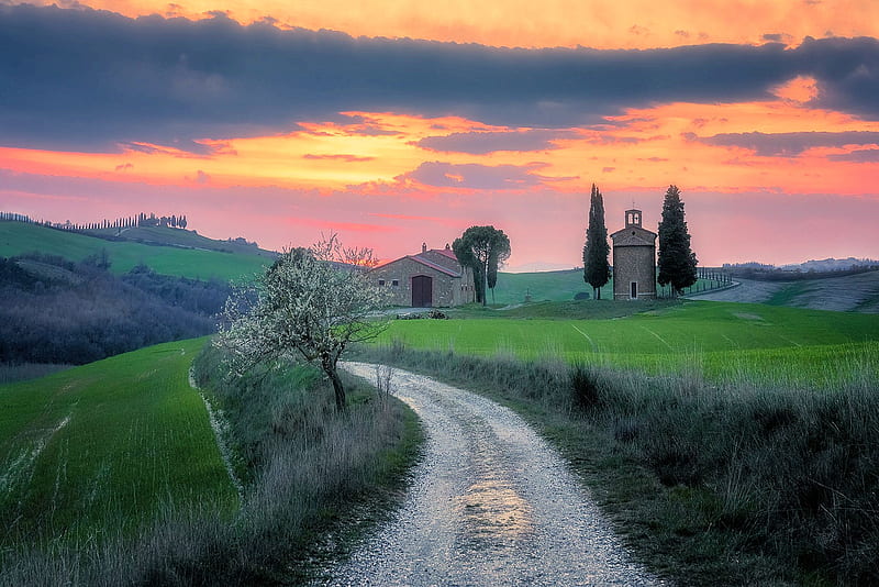 Val d'Orcia, Tuscany, Italy, colors, clouds, road, trees, sky, landscape, italy, HD wallpaper