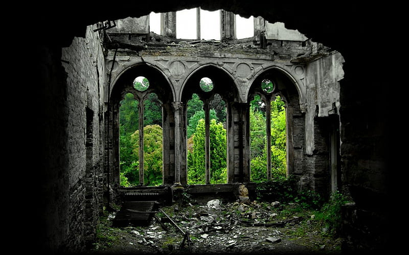 Gothic Windows, windows, gothic, ruins, old, abandoned, HD wallpaper