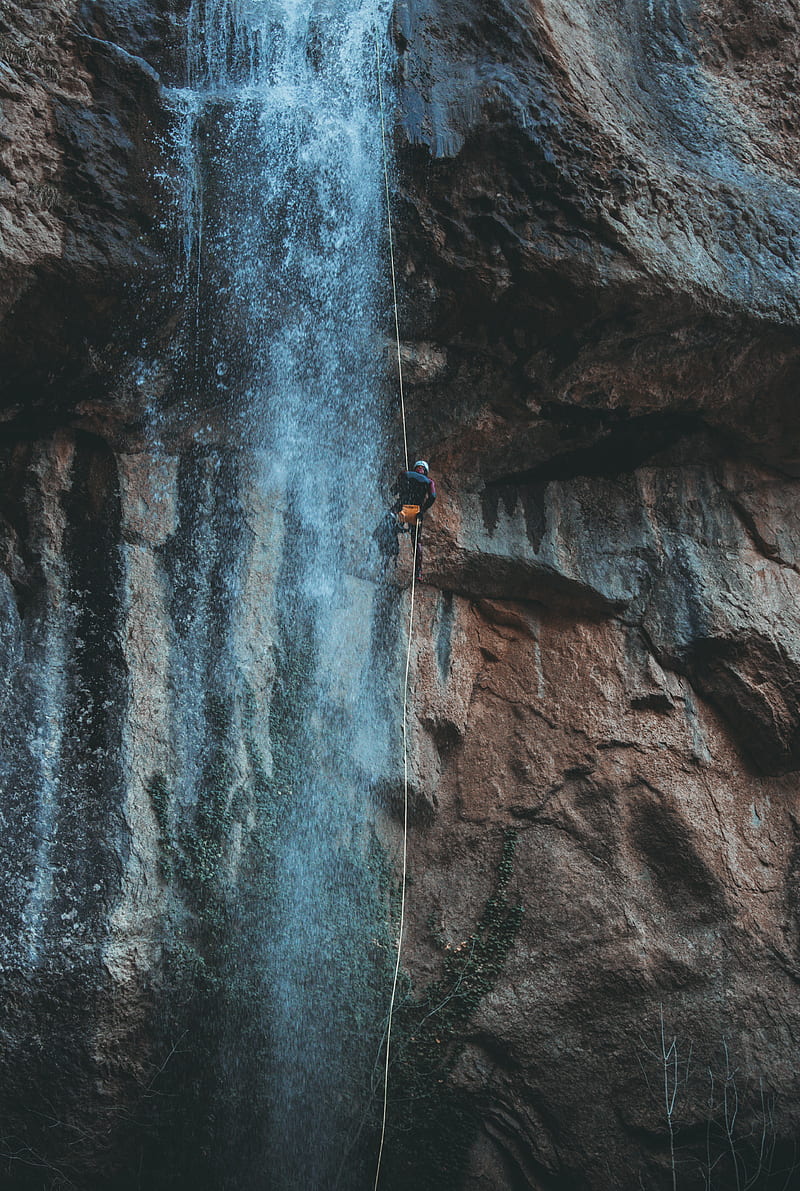 waterfall, water, rock, rock climber, HD phone wallpaper