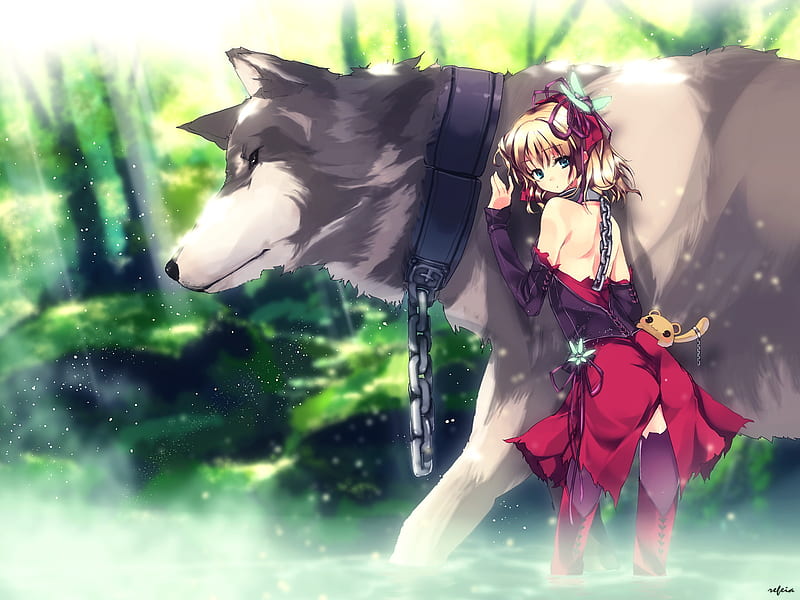 Wolfy, pet, big, girl, green anime, tress, wolf, dog, HD wallpaper