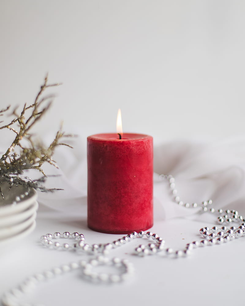 red pillar candle on white table cloth, HD phone wallpaper