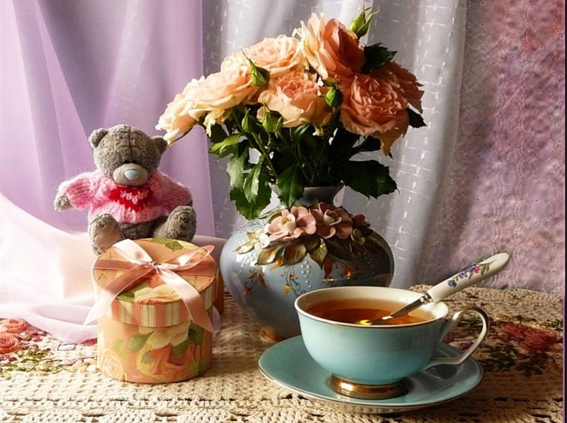 Quiet moment - Still life, vase, box, tea, still life, afternoon, moment, flowers, porcelain, quiet, relax, colors, soft, roses, abstract, cup, tasty, nature, teddy bear, natural, HD wallpaper