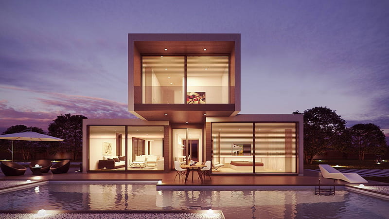 Modern Glass House Pool, HD wallpaper