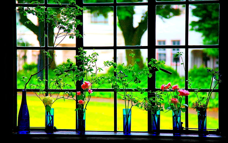WINDOW DECO, flowers, spring, window, decoration, HD wallpaper