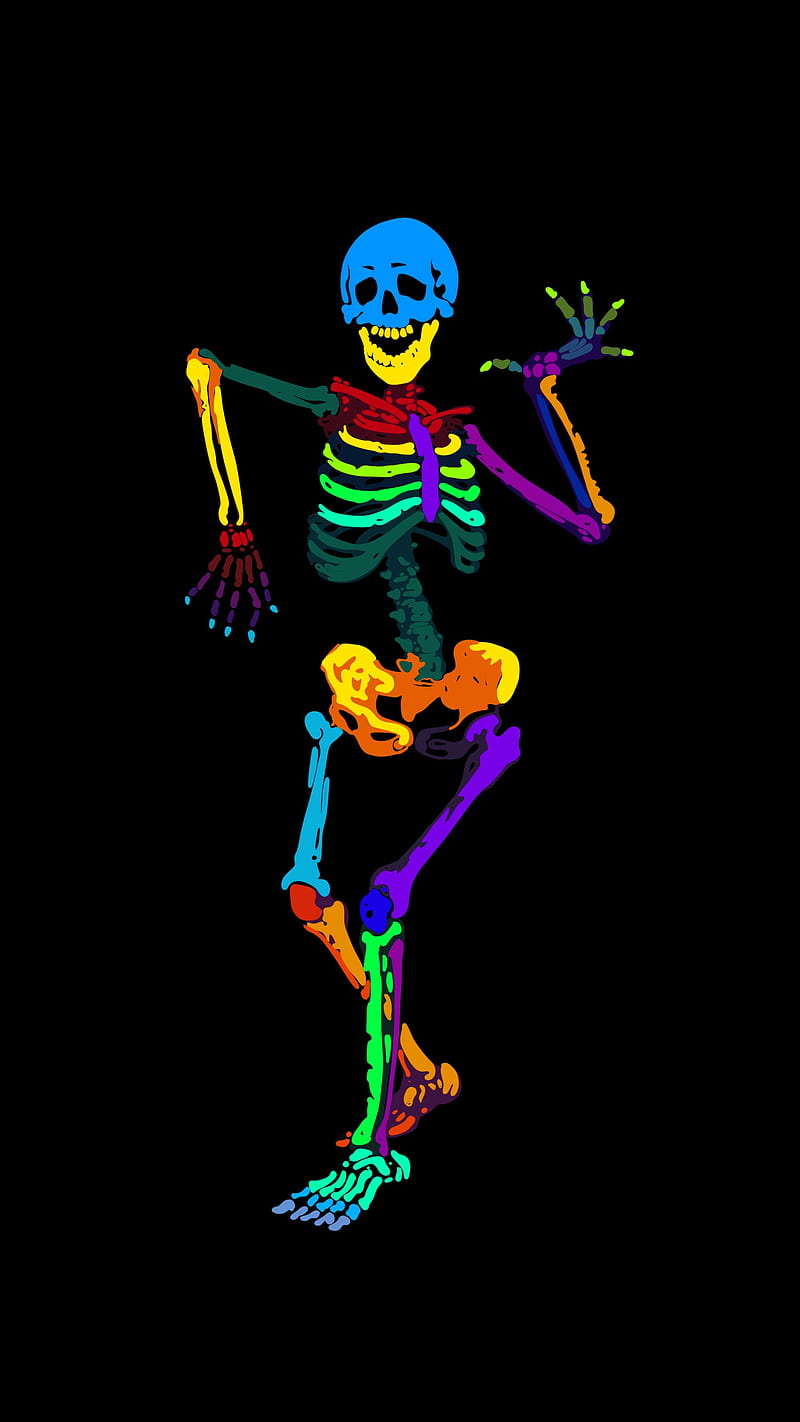 skeleton dance 2, skeleton, art, black, blue, bone, braincase, brainpan, color, colorfull, cranium, dance, draw, face, figure, funny, green man, mint, orange, ossicle, pink, pip, purple, red, skull, stone, woman, yellow, HD phone wallpaper